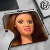 A close-up of a cute doll face mouse pad with a non-slip rubber base, showing dimensions and the product.