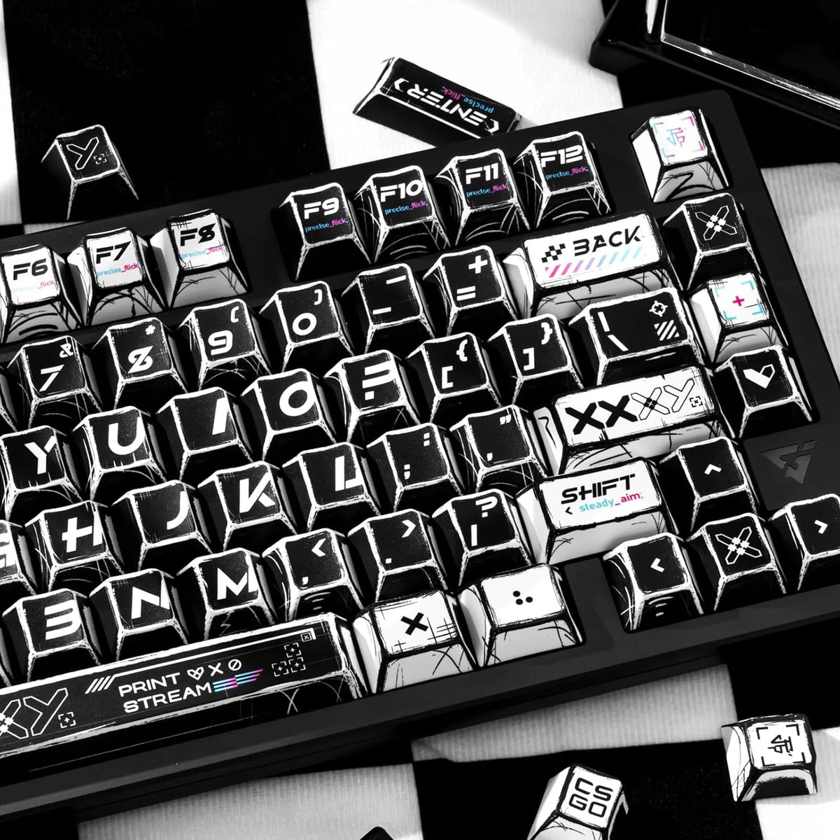 A close-up view of a black and white comic-style PBT keycap set featuring various function keys and modifiers.