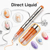 A set of direct liquid nail art markers with fine tips and various colored nail designs shown on a white background.