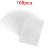 A set of 100 clear protective sleeves for trading cards displayed in a translucent packaging.