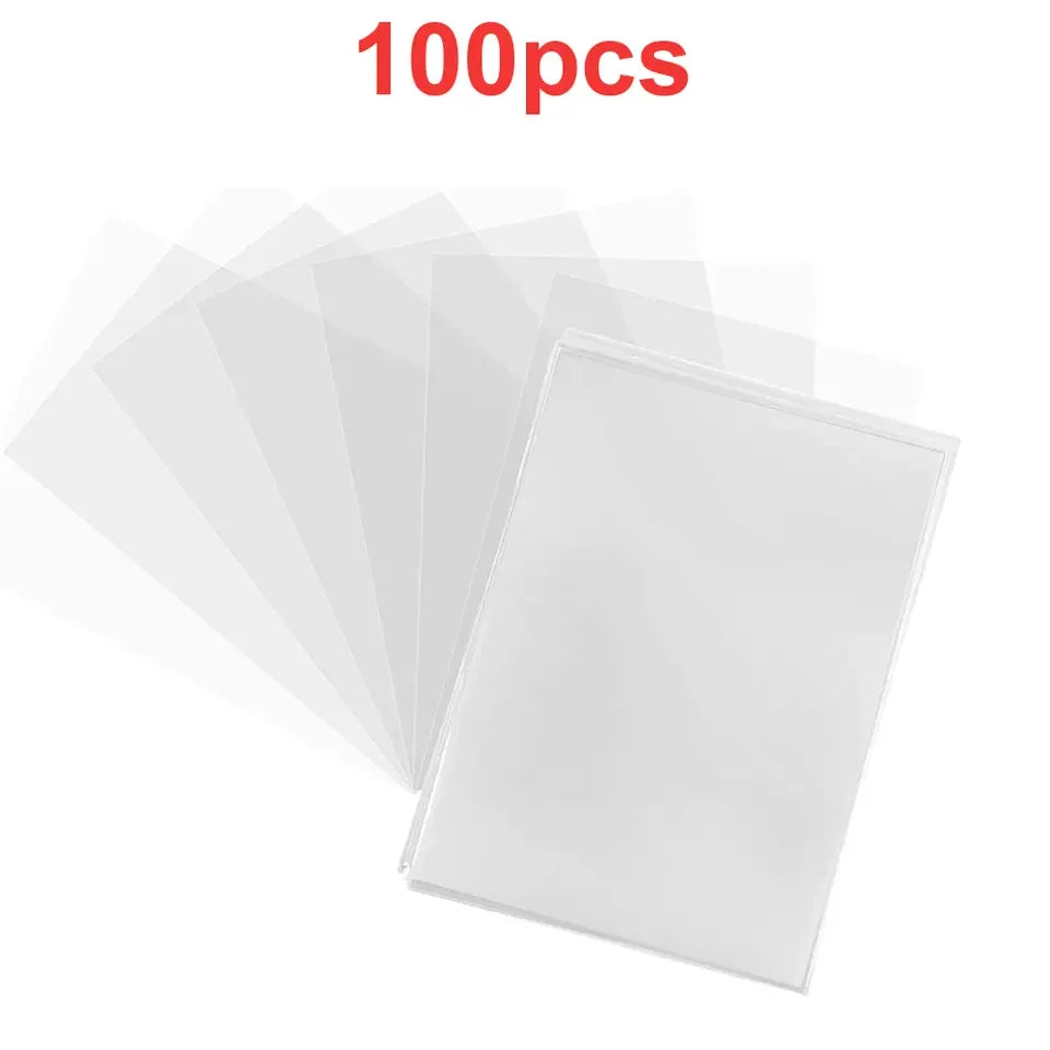 A set of 100 clear protective sleeves for trading cards displayed in a translucent packaging.
