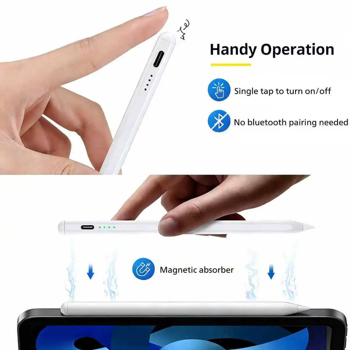 A hand holds a white capacitive stylus pen demonstrating its handy operation and magnetic absorption feature over a smartphon