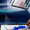 A hand is applying a magnetic screen protector film to an iPad, demonstrating easy magnetic attachment.
