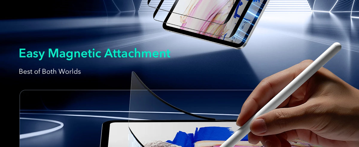 A hand is applying a magnetic screen protector film to an iPad, demonstrating easy magnetic attachment.