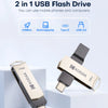 A gold and black Kodak 2 in 1 USB flash drive is shown next to its packaging, highlighting its multi-purpose use.