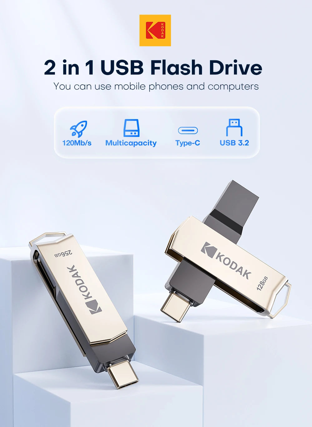 A gold and black Kodak 2 in 1 USB flash drive is shown next to its packaging, highlighting its multi-purpose use.