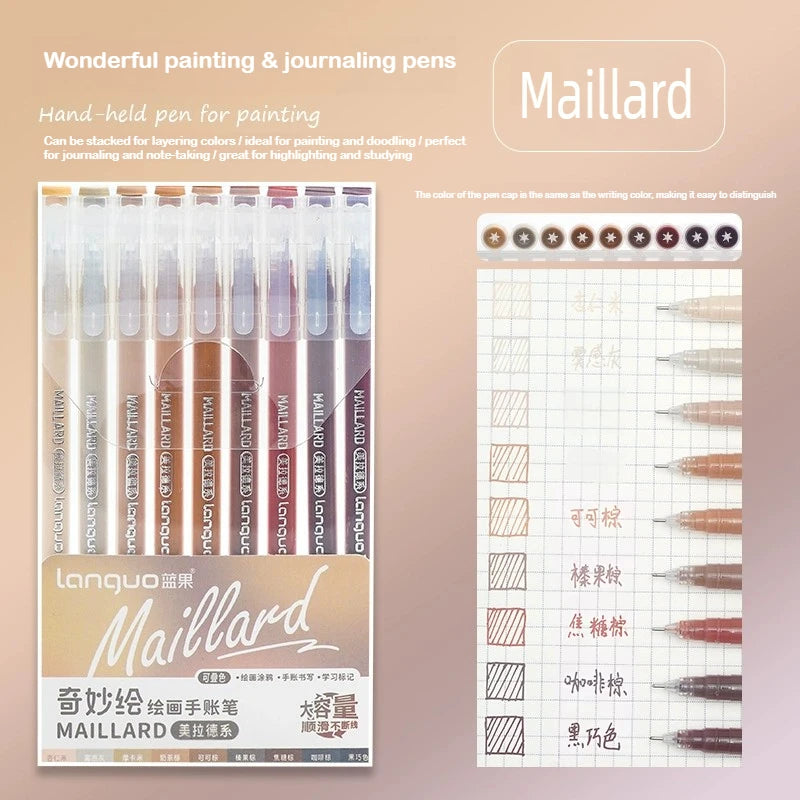 A set of Maillard hand-held pens for painting and journaling, featuring various colored tips and a grid paper sheet.