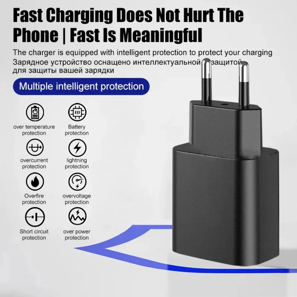 A black dual Type-C PD fast charger with multiple intelligent protection features shown on a white background.