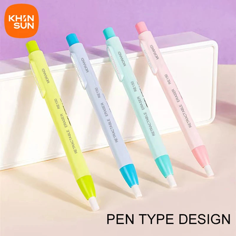 A set of five colorful retractable pencil erasers displayed on a white box.
