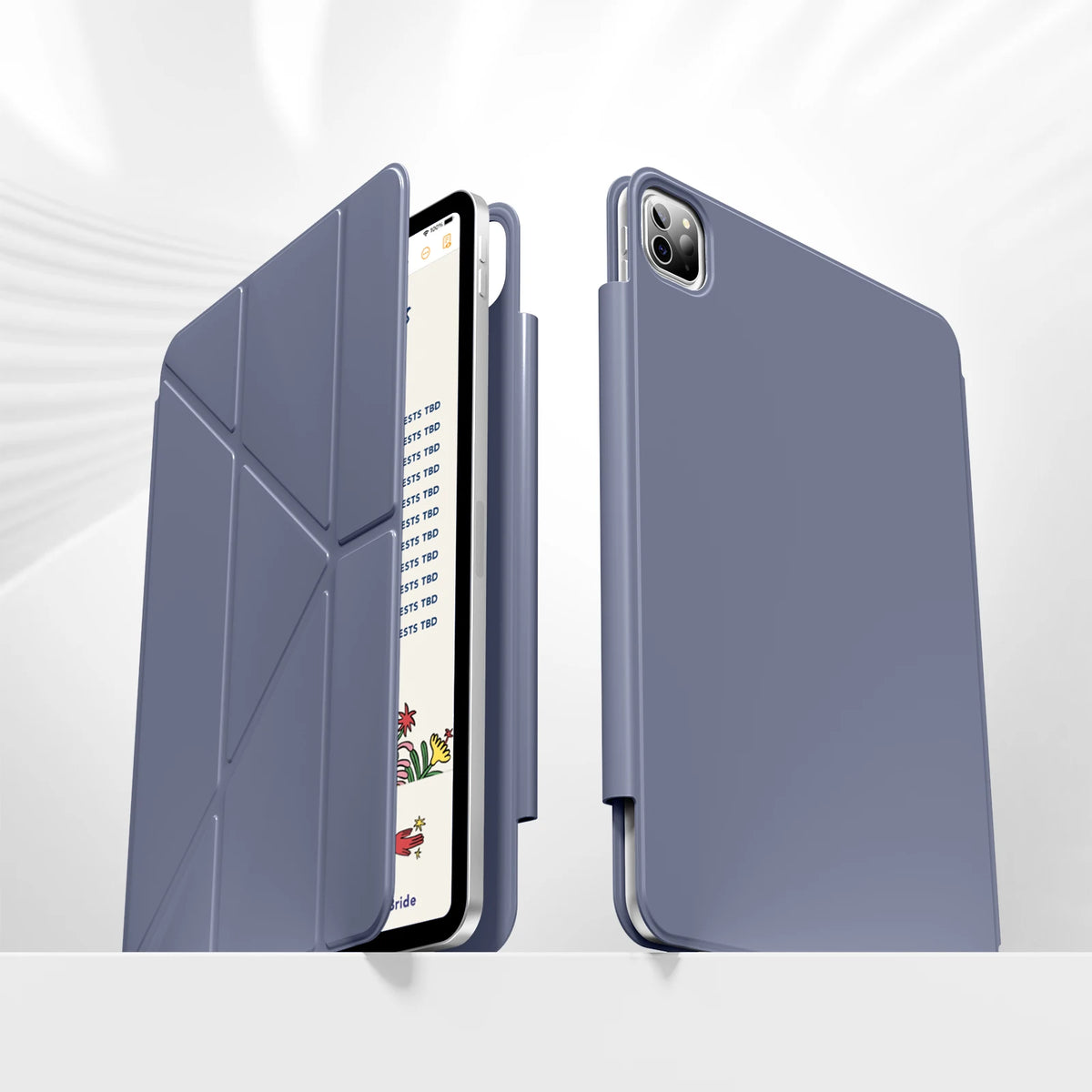 A light gray magnetic protective case for an Apple iPad, shown in a closed and open view.