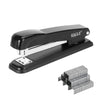 A black heavy-duty metal stapler with a deep throat is shown on a white background.