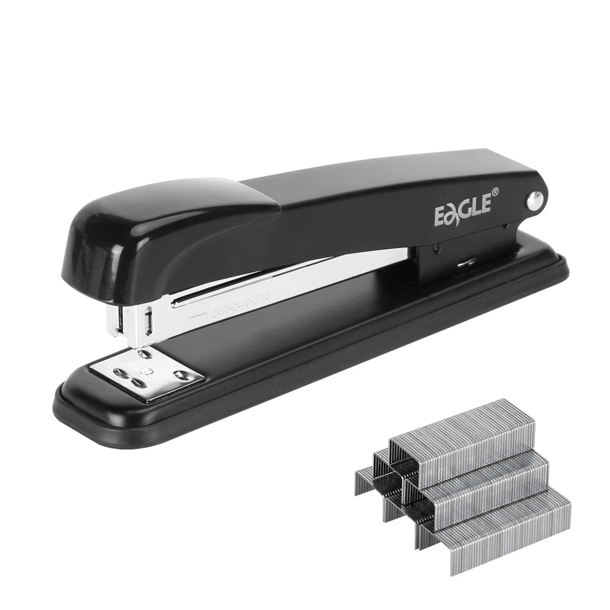 A black heavy-duty metal stapler with a deep throat is shown on a white background.