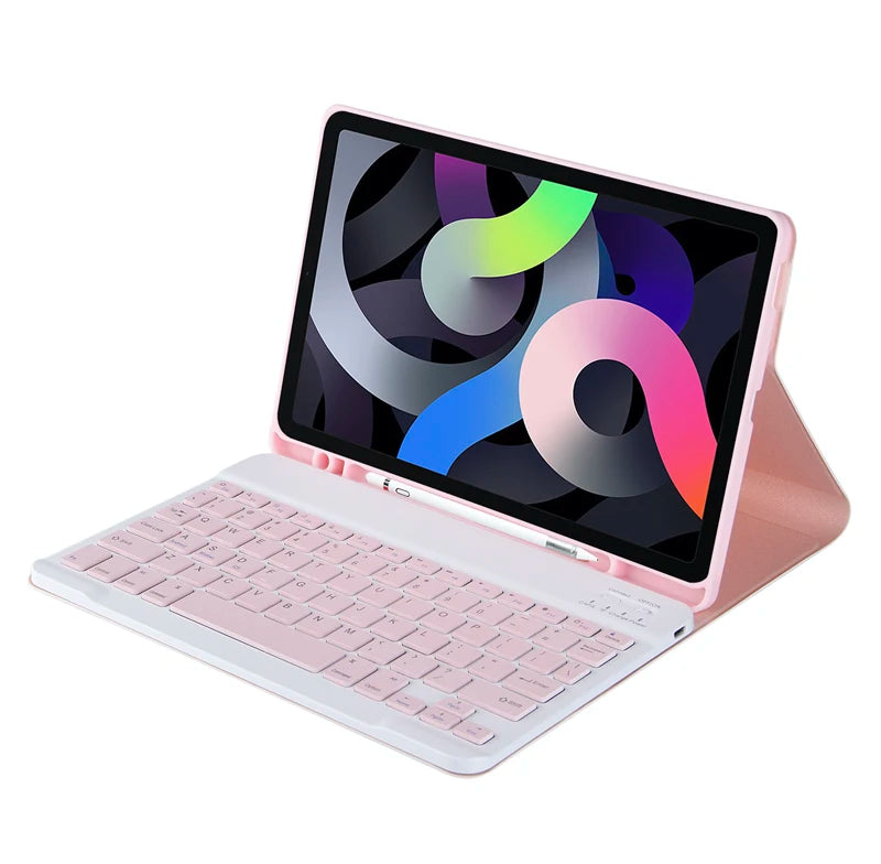 A pink leather keyboard case with a detachable Bluetooth keyboard for an iPad is shown.