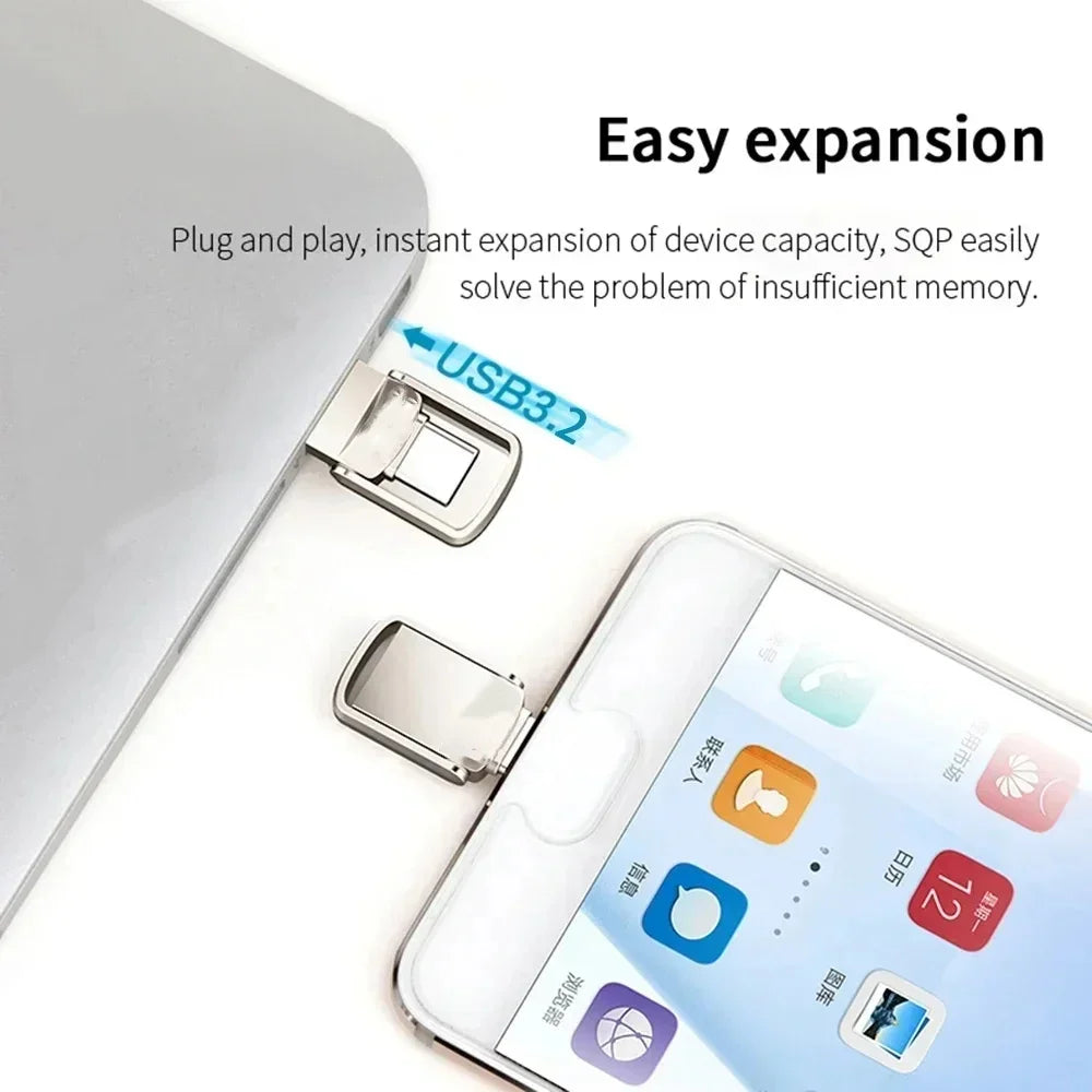 A close-up of a USB 3.2 Type-C flash drive being plugged into a smartphone for instant memory expansion.