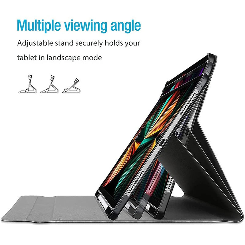 A black stand holds an iPad in landscape mode, demonstrating a multiple viewing angle for tablet use.