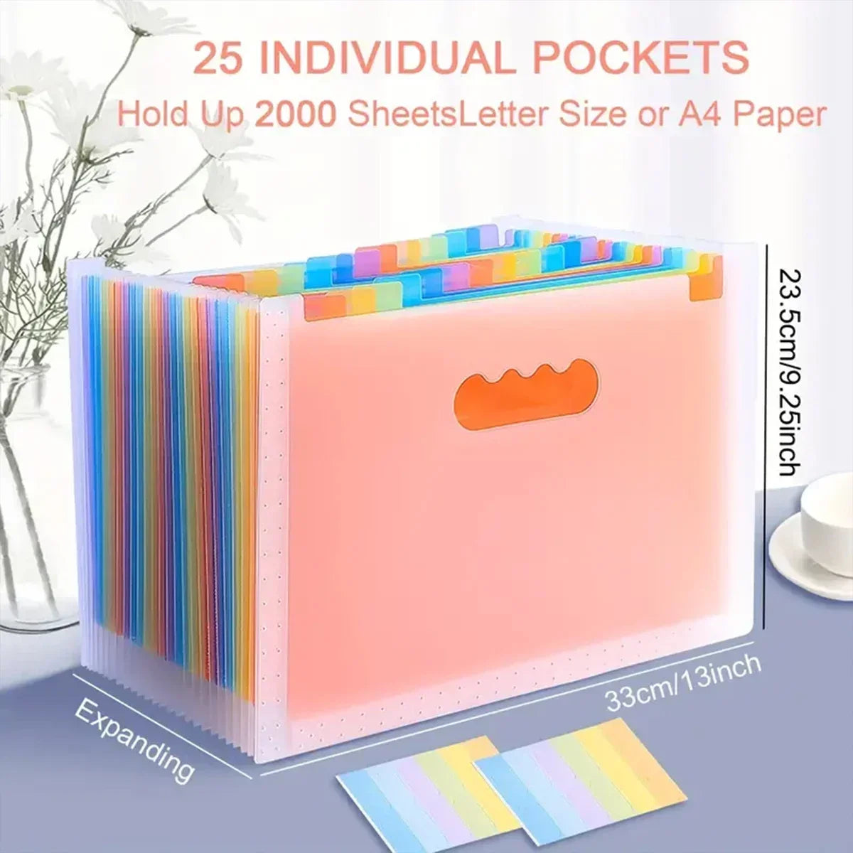 A pink vertical storage file rack with 25 individual pockets for holding letter or A4 paper sheets.