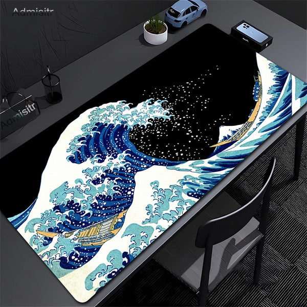 Extra-large mouse pad featuring a detailed illustration of The Great Wave of Kanagawa in blue and white.
