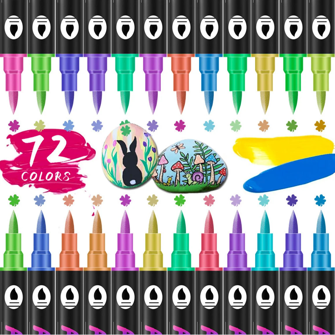 A set of dual-tip acrylic markers in various colors arranged in a row.