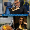 A man reads a book using a USB rechargeable LED book reading light in a bright indoor setting.
