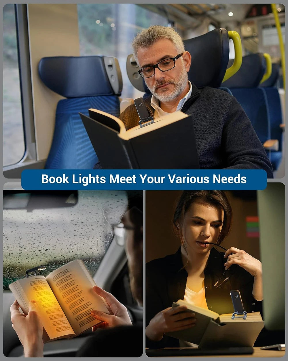 A man reads a book using a USB rechargeable LED book reading light in a bright indoor setting.
