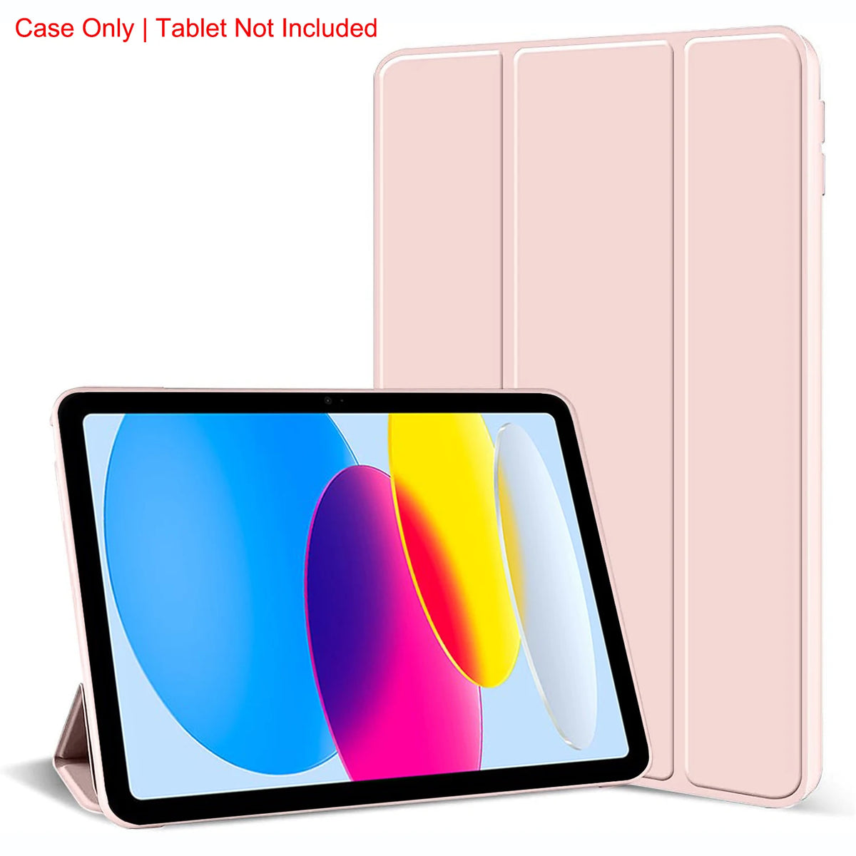 Pink magnetic tri-fold stand cover for an iPad, showing the tablet inside.