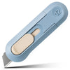 A light blue compact mini paper cutter with a beige blade and a numbered box opener feature.