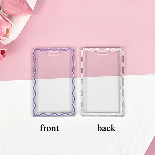 Clear acrylic card holder showing front and back views on a pink background