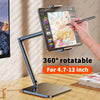 A flexible metal tablet stand with an adjustable arm is shown holding a tablet for drawing or writing.