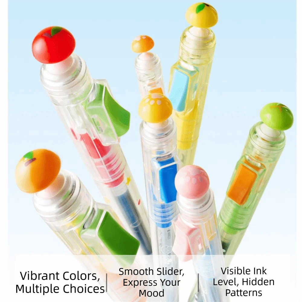 A set of colorful fidget pens with visible ink patterns and smooth sliders displayed against a light blue background.