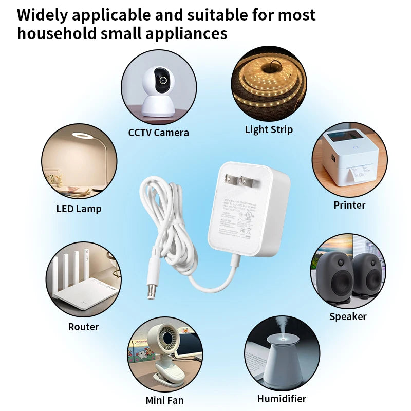 A collection of household small appliances including a CCTV camera, light strip, printer, LED lamp, router, mini fan, humidif