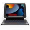 A black magnetic keyboard case for an iPad showing the tablet and a detachable keyboard.