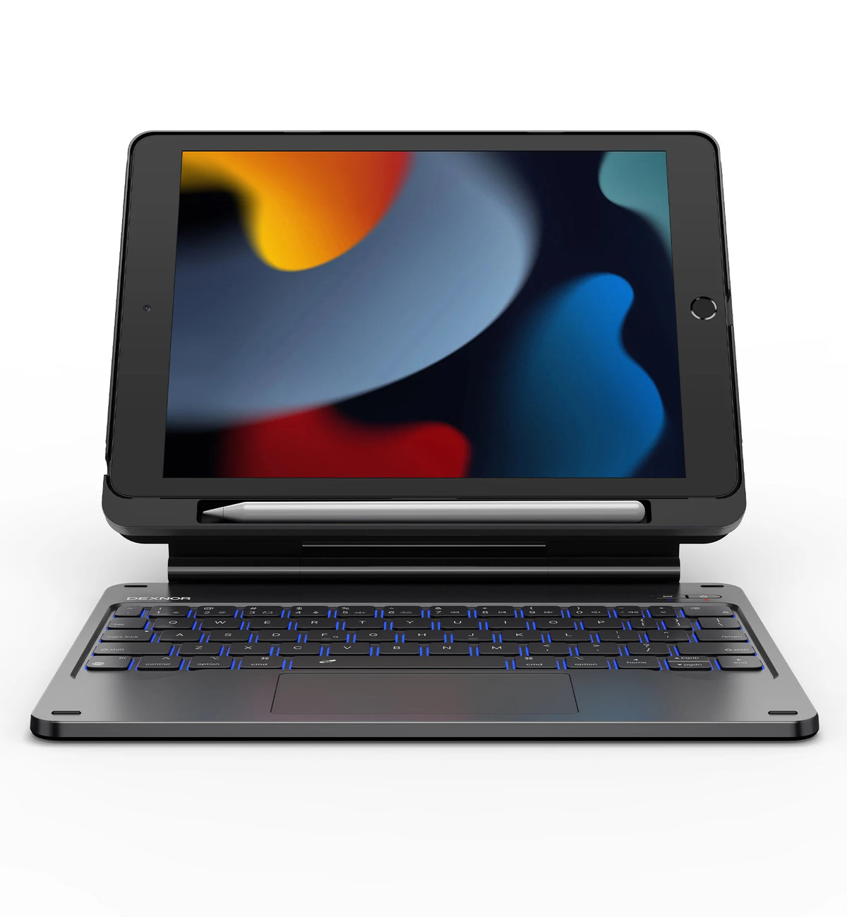 A black magnetic keyboard case for an iPad showing the tablet and a detachable keyboard.