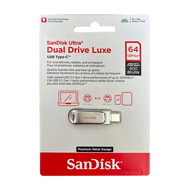 Sandisk Ultra Dual Drive Luxe USB Type-C flash drive in a red and white packaging box
