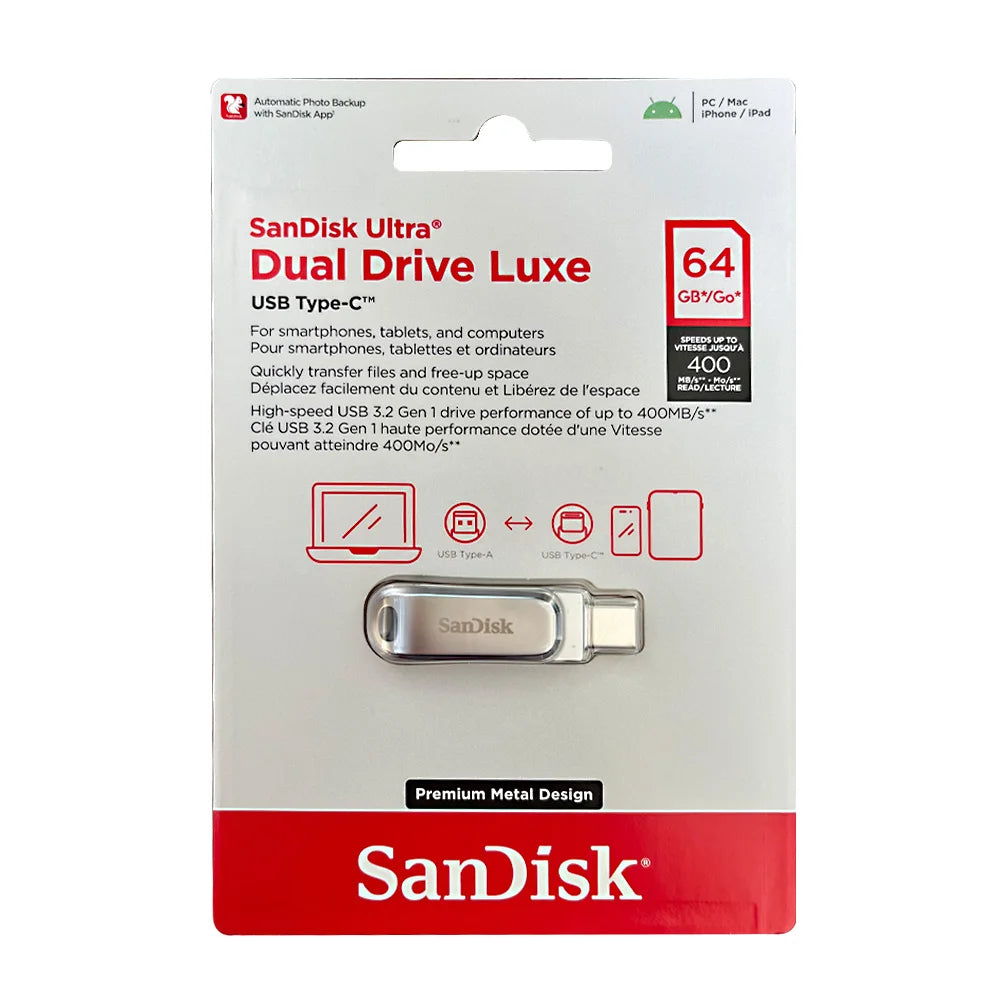Sandisk Ultra Dual Drive Luxe USB Type-C flash drive in a red and white packaging box