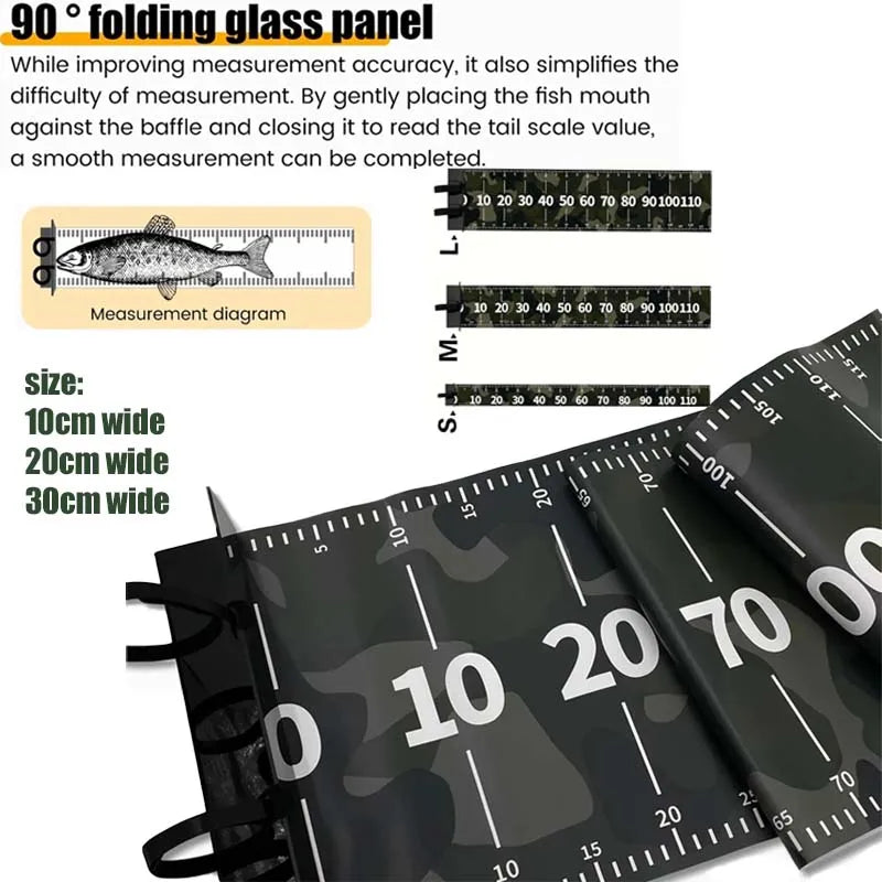 A close-up view of a black PVC fishing ruler with measurement markings and a camouflage pattern.