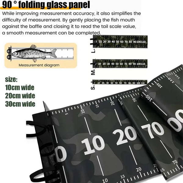 A close-up view of a black PVC fishing ruler with measurement markings and a camouflage pattern.