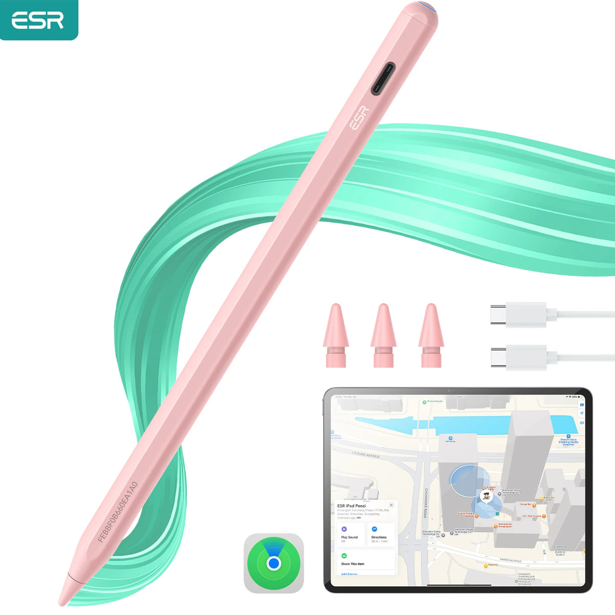 A pink precision stylus pen is shown next to its interchangeable tips and a tablet displaying a map interface.