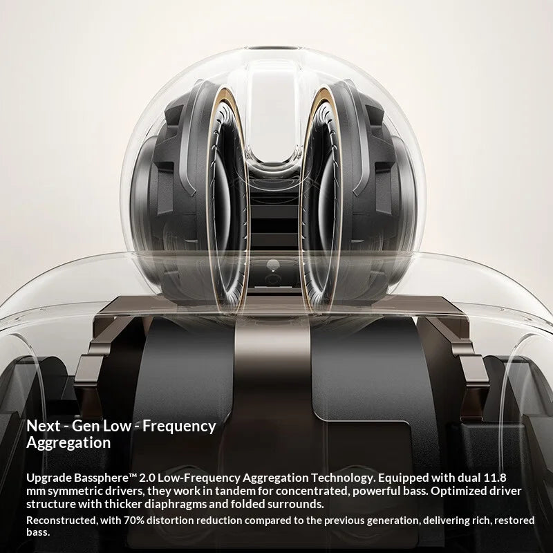 A close-up view of a pair of black headphones with transparent earcups and a charging case, highlighting the driver structure