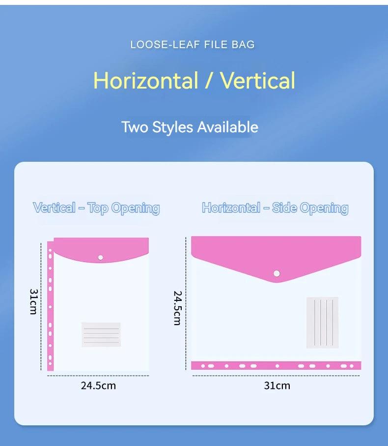 Two styles of loose-leaf file bags are shown: vertical with a top opening and horizontal with a side opening.