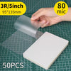 A hand holds a 3R/5inch thermal laminating pouch, measuring 95x135mm, next to a white pouch and a ruler.