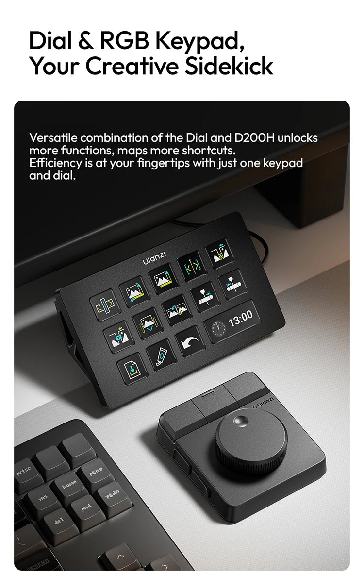 Controlador de dial y teclado negro Ulanzi D100H RGB junto a un teclado.