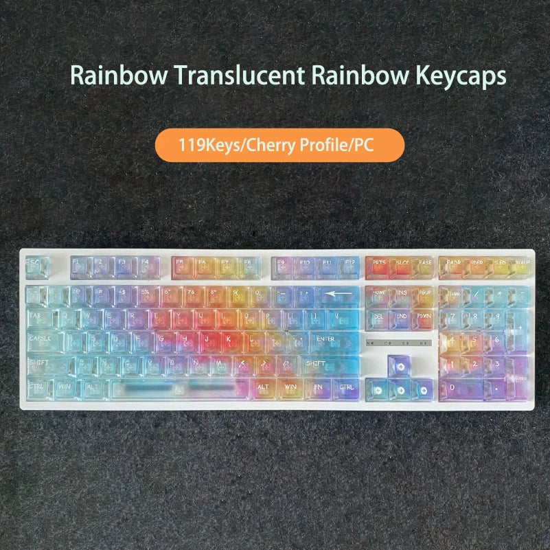 A close-up view of a rainbow translucent keycap set for a mechanical keyboard, featuring various colored keys.