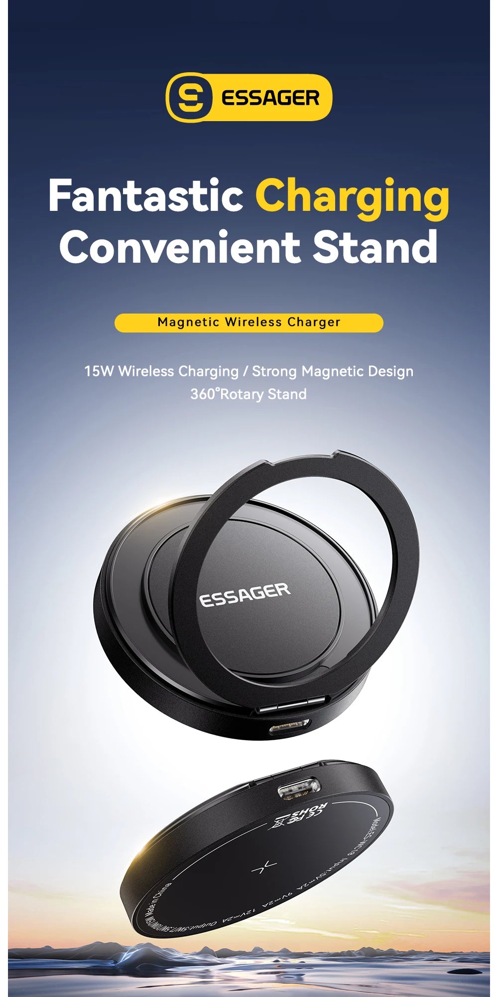 A black magnetic wireless charging stand with a circular base and a separate charging pad shown against a sunset background.