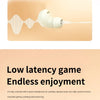 White mini Bluetooth earphones shown emitting sound waves on a light background.