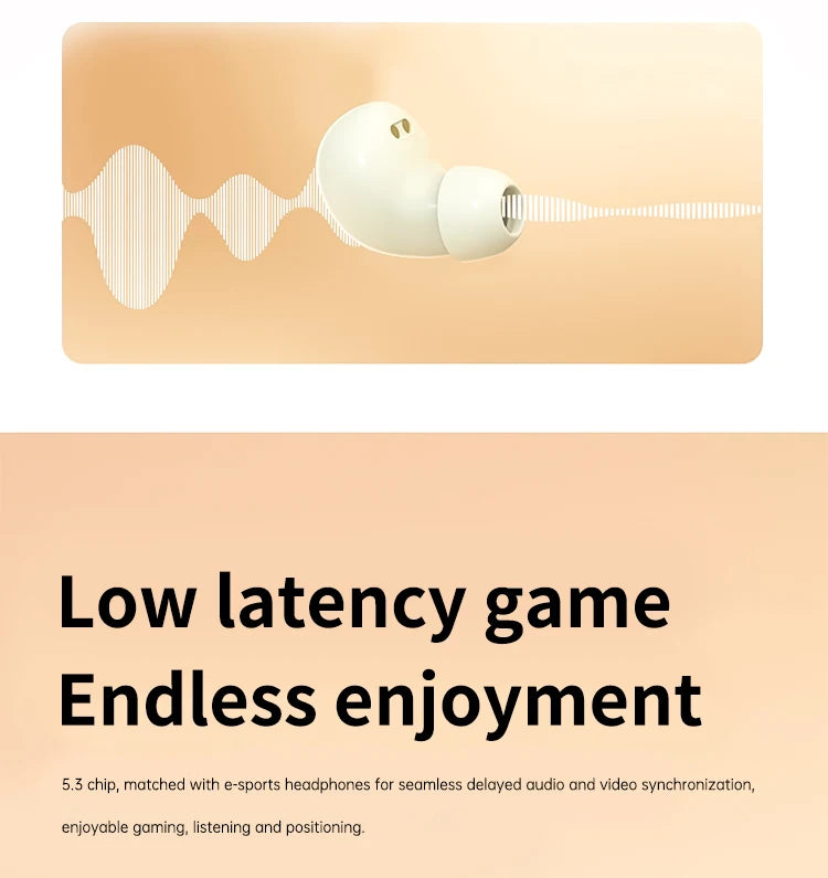 White mini Bluetooth earphones shown emitting sound waves on a light background.