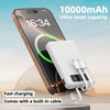 A portable power bank is shown charging a smartphone with a large capacity battery and a built-in cable.