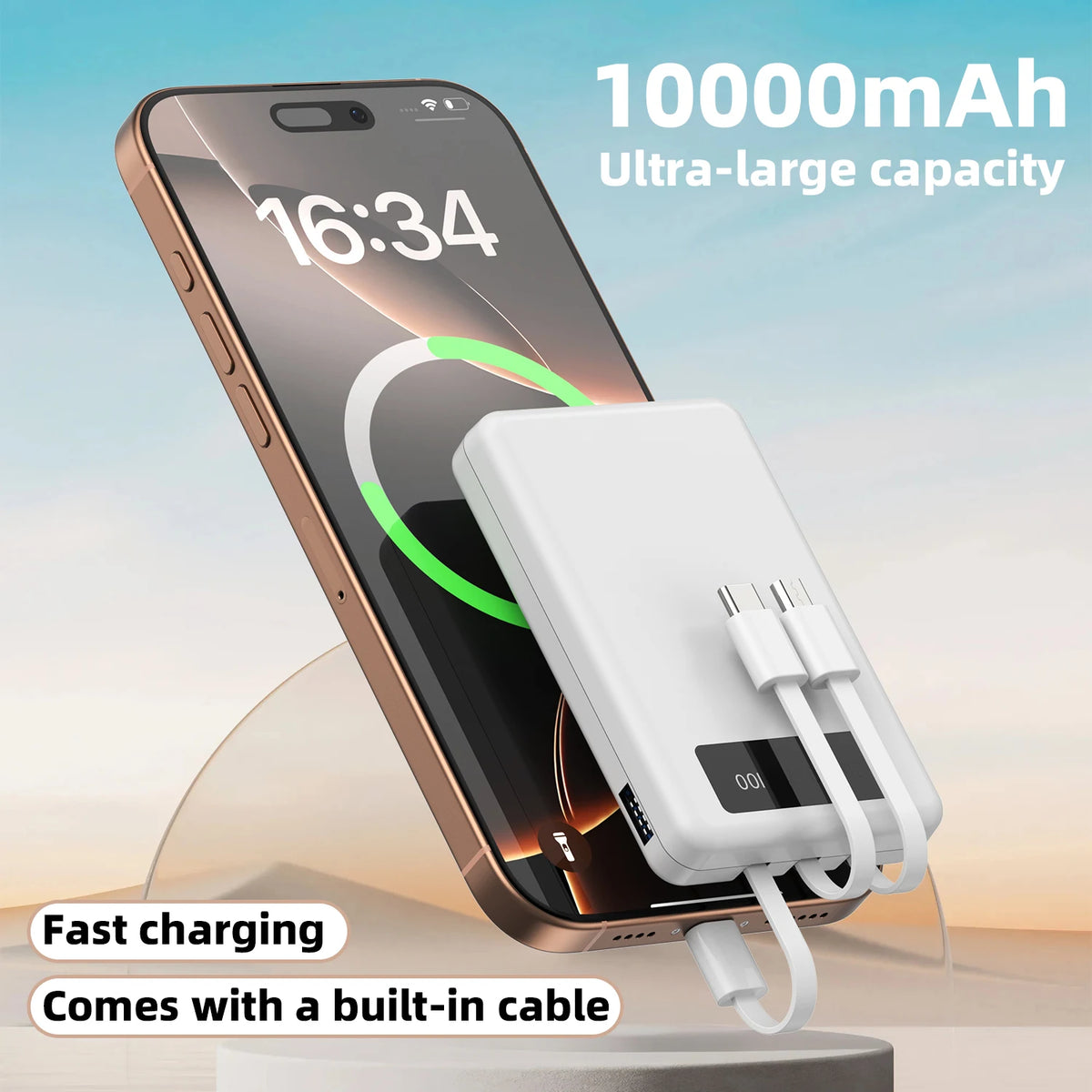 A portable power bank is shown charging a smartphone with a large capacity battery and a built-in cable.