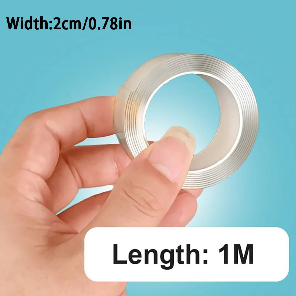 A hand holds a roll of silver adhesive tape with a width of 2cm and a length of 1 meter.