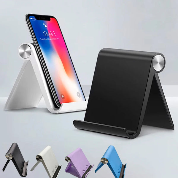 A multi-angle foldable phone stand shown in various colors and angles, including a black version next to an iPhone.