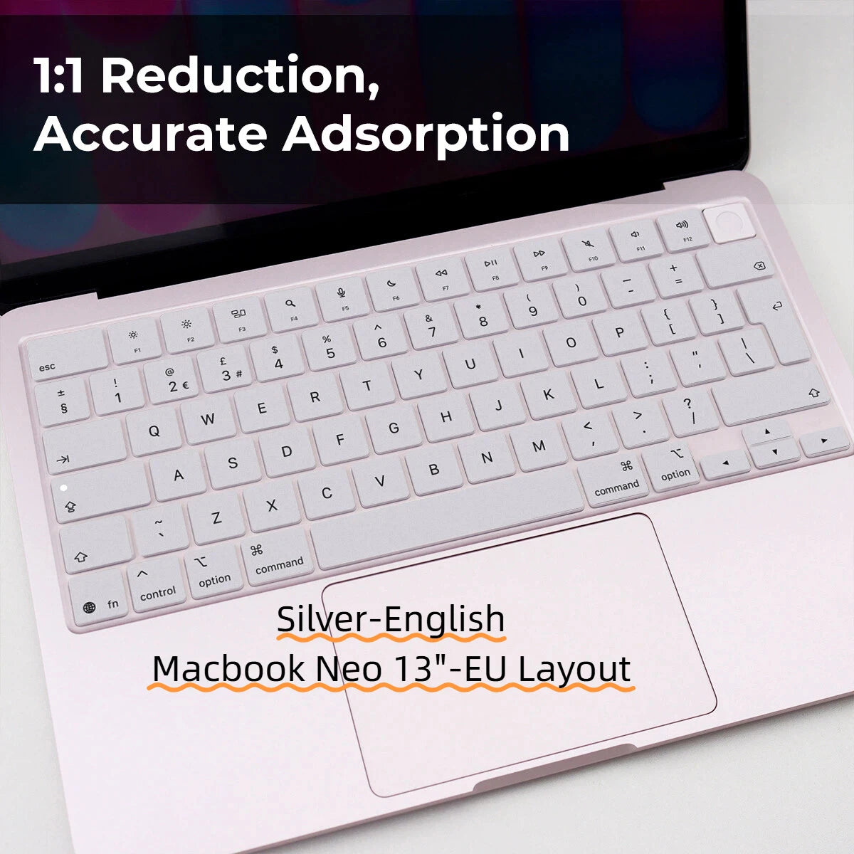 Silver-English Macbook Neo 13-EU layout keyboard cover for a laptop.
